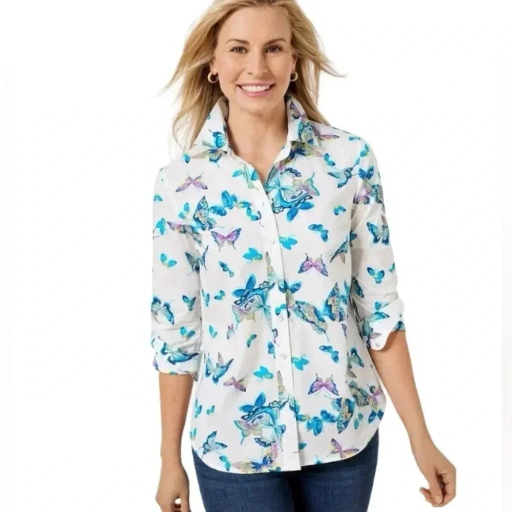 TALBOTS | Women’s 100% Cotton Button Front Shirt - Exquisite Butterfly Size M